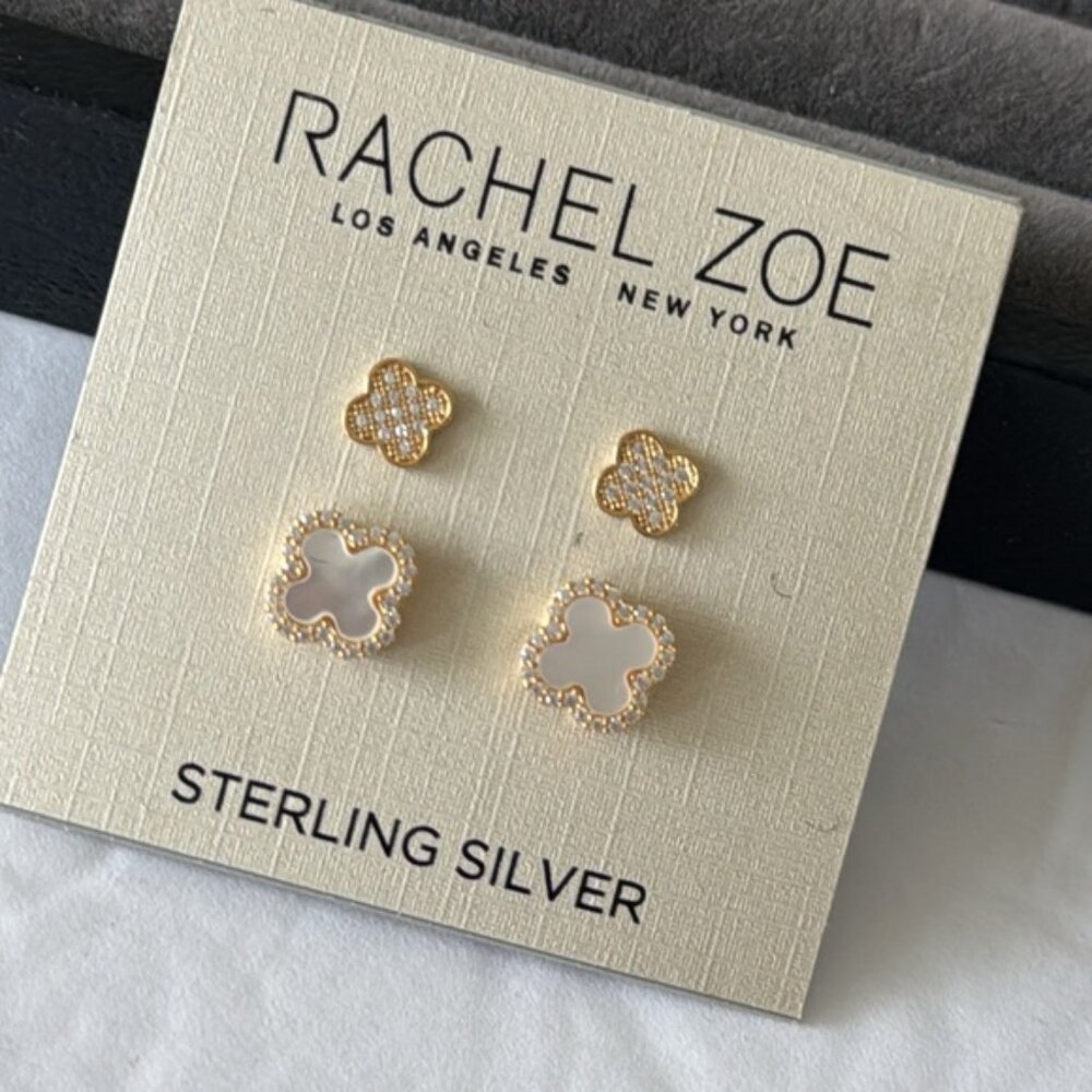 Rachel Zoe Set of 2 Mini earrings Clover Sterling silver 925 Gold Plated - Picture 3 of 13